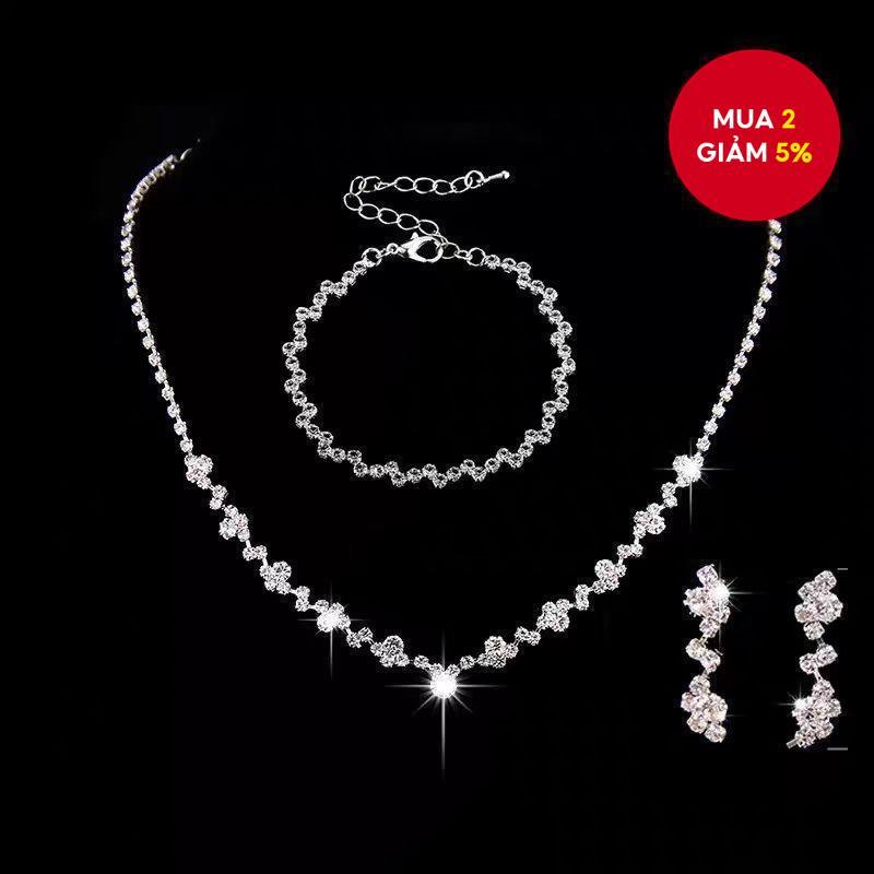  Bộ trang sức 3 món hoa đính đá cho nữ, gồm vòng cổ và vòng tay, phù hợp dự tiệc cưới, quà tặng dịp lễ tình nhân và Giáng Sinh.