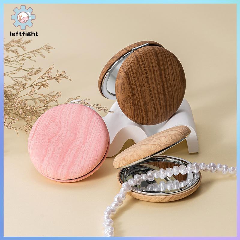 TRÁI Mini Vintage Trang Điểm Gương Gỗ Hạt PU Gấp Gương Tròn Du Lịch Gương Trang Điểm Di Động Nhà Thơ