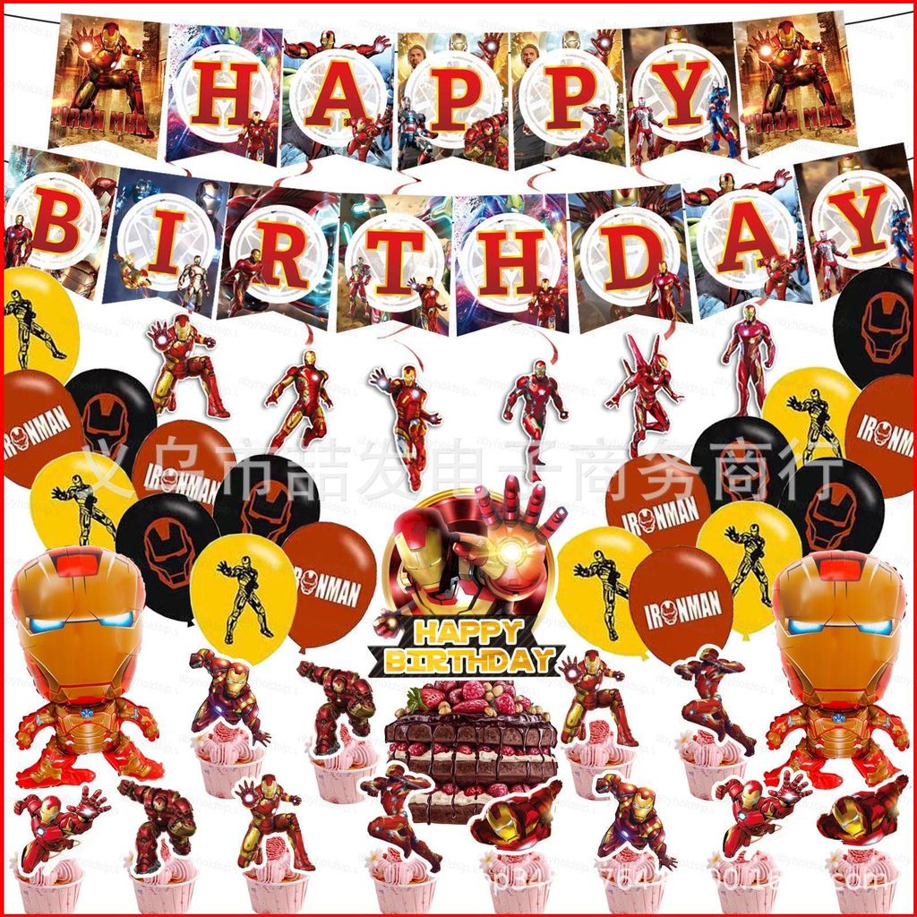 BS1 Người Sắt Chủ Đề Trẻ Em Sinh Nhật Trang Trí Biểu Ngữ Bánh topper Bóng Bộ Cung Cấp SB1