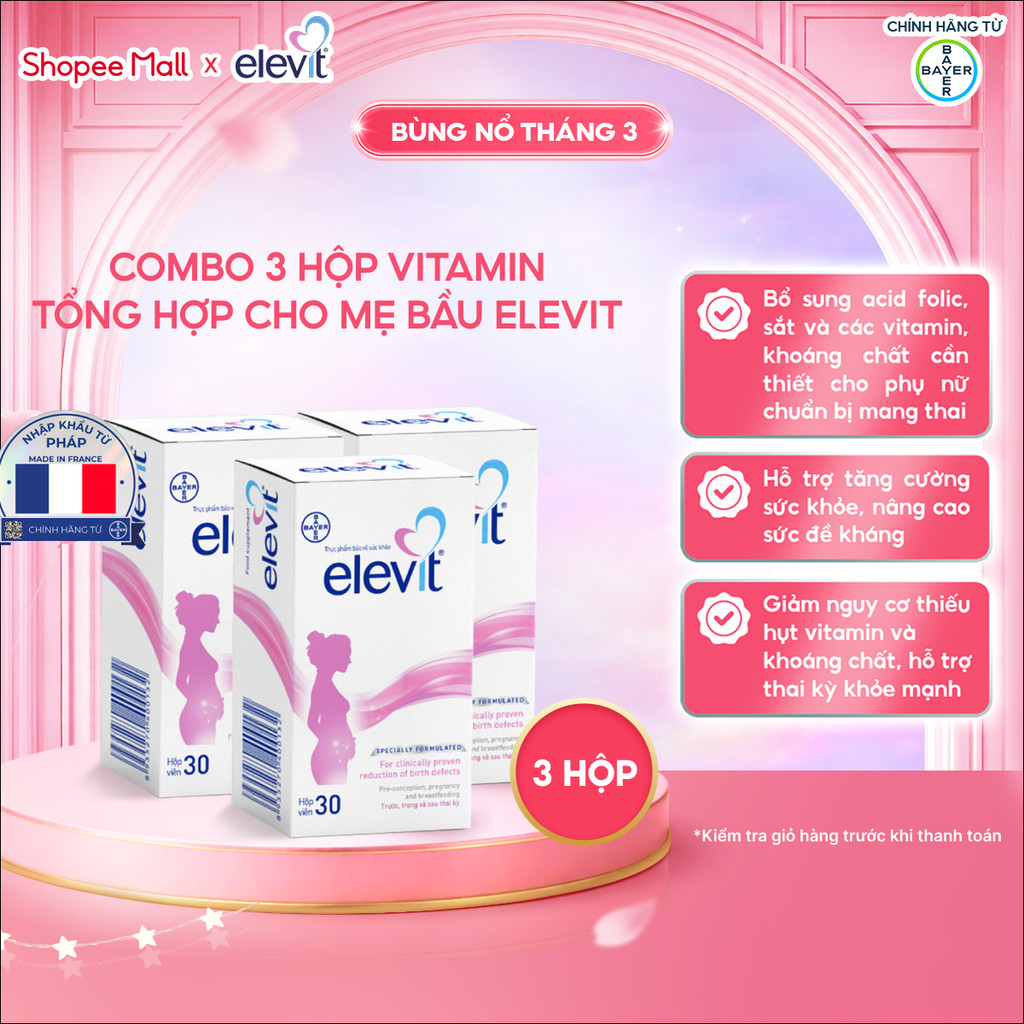Bộ 3 Thực phẩm bảo vệ sức khỏe Elevit bổ sung Acid Folic, Sắt, Canxi, Các Vitamin và Các khoáng chất