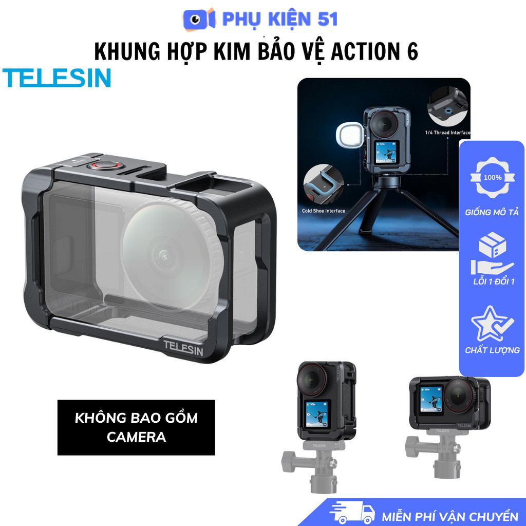 Khung hợp kim nhôm Telesin DJI Action 6 bảo vệ toàn diện cho camera chống va đập trầy xước