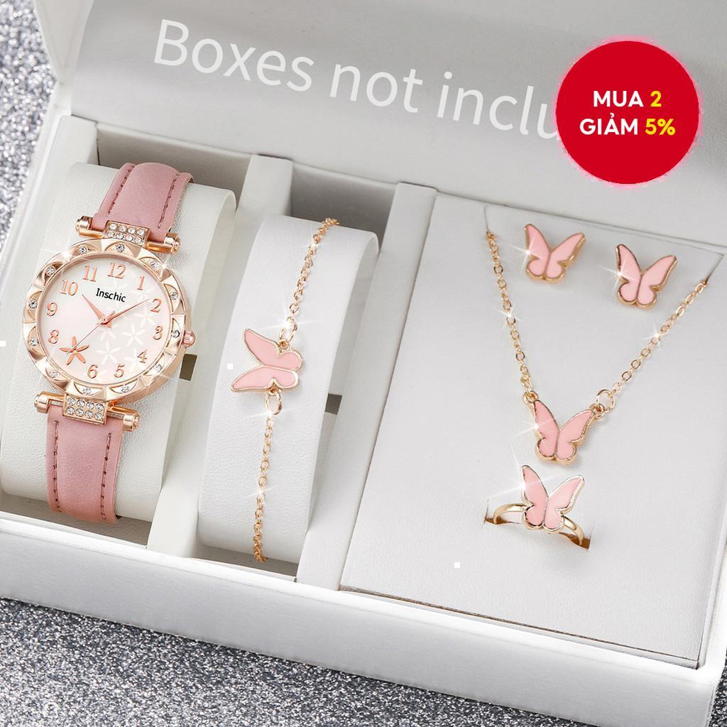 6 CÁI Đồng hồ nữ mặt số hoa thời trang Bộ trang sức bướm Dây da Đồng hồ đeo tay thạch anh (Không có hộp)