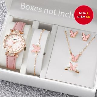 6 CÁI Đồng hồ nữ mặt số hoa thời trang Bộ trang sức bướm Dây da Đồng hồ đeo tay thạch anh (Không có hộp)