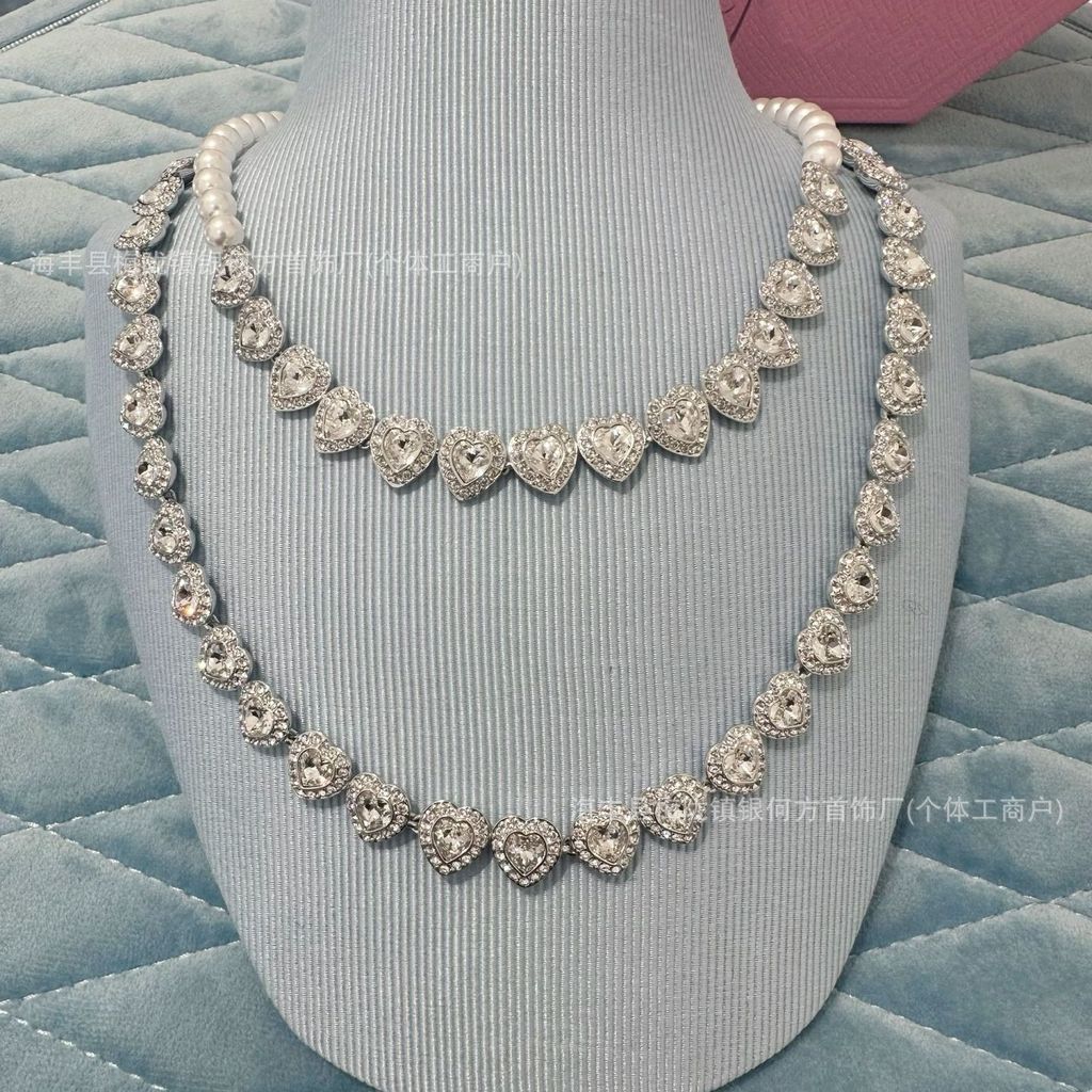 New Fashionable Heart-Shaped Full-Diamond Pearl Necklace for Women Light Luxury Heart-Shaped Versati