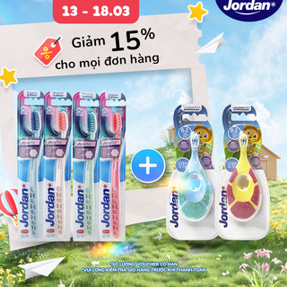 Bộ Bàn Chải Jordan Gia Đình: 4 bàn chải Ultralite, lông siêu mềm người Lớn + 2 bàn chải bước 2 Cho Bé 0-2 Tuổi
