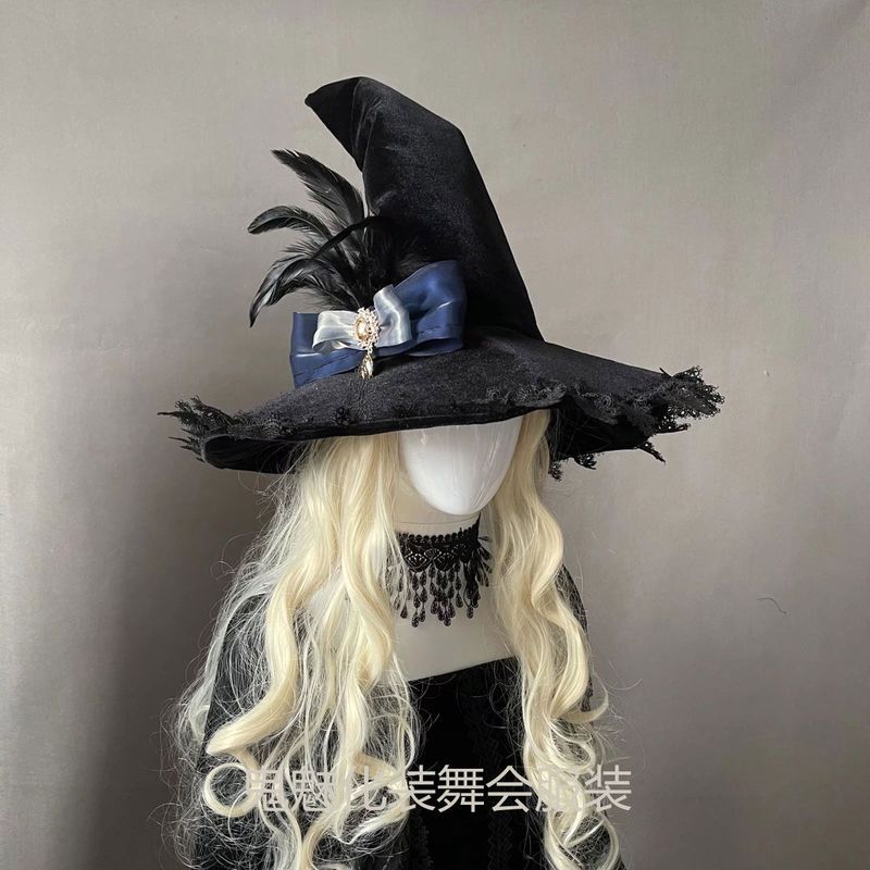 Mũ phù thủy Gothic thời trung cổ ren đen nơ - Áo mão Halloween và ảo thuật