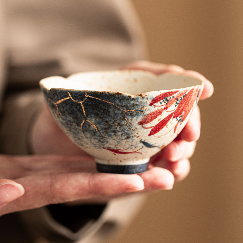 Blue White Flint Red Ceramic Tea Cup Gold-Painted Lotus Rhyme Koi Hat Kwaikou Cup Master Cup Tea Cup