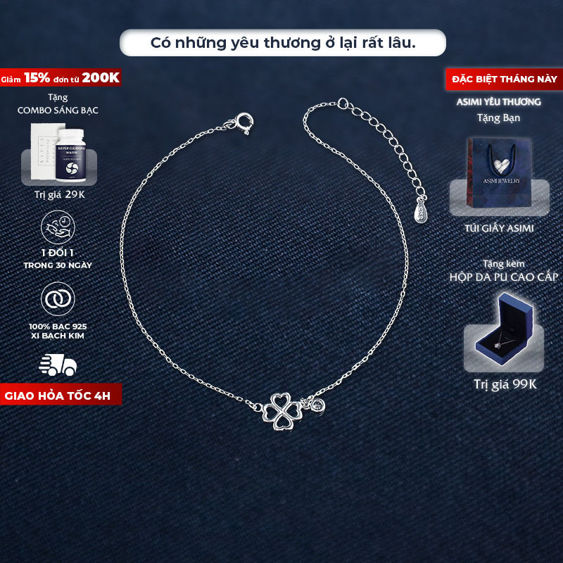 Lắc chân nữ bạc S925 Cỏ 4 Lá Asimi, Lắc chân bạc bạc Ý may mắn đồng hành Everluck Clover LC15