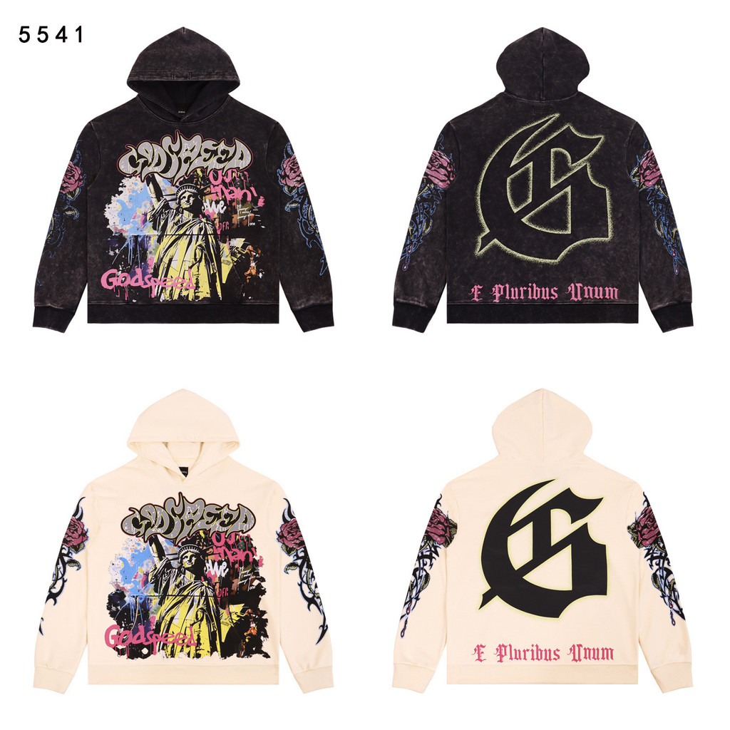 LHAE American Style Godspeed Rock 'n' roll street style vintage washed distressed printed hooded swe