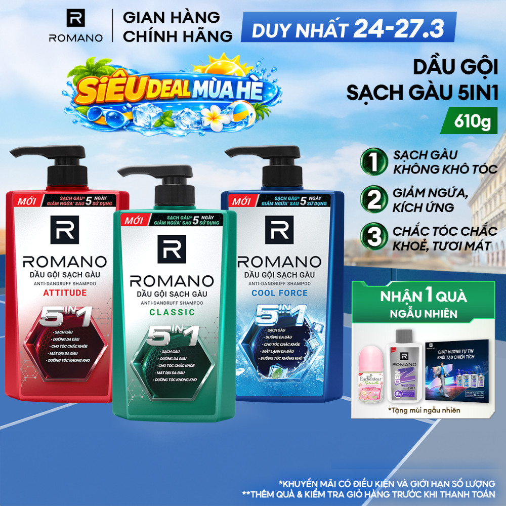 Dầu gội nam sạch gàu 5in1 Romano hương nước hoa Classic/ Force/ Attitude 610g / 650g - 3 mùi hương có sẵn