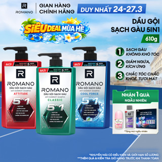 Dầu gội nam sạch gàu 5in1 Romano hương nước hoa Classic/ Force/ Attitude 610g / 650g - 3 mùi hương có sẵn