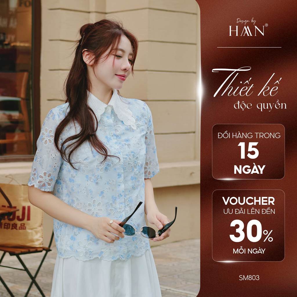 Áo Sơ Mi Nữ Kiểu Họa Tiết Hoa Xanh, Chất Liệu Thô Boi Mềm Mát HAAN Design SM803