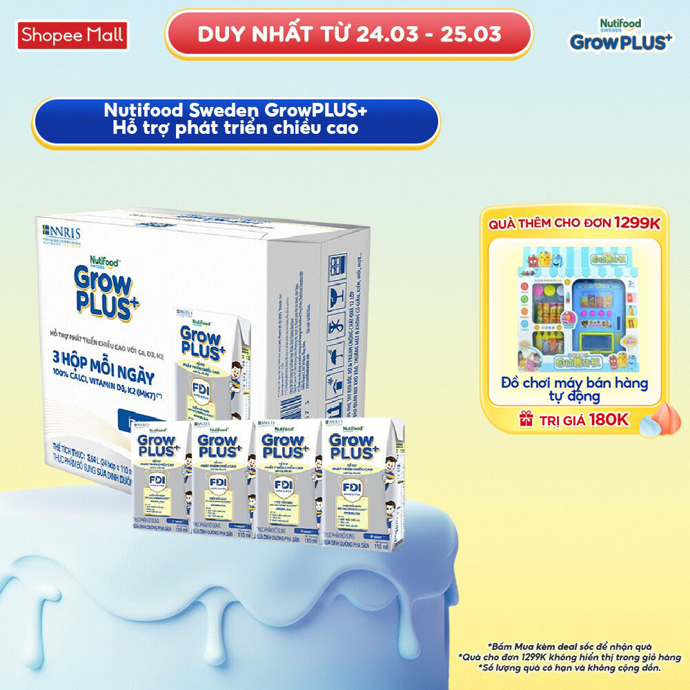 Thùng 24 hộp Sữa Bột Pha Sẵn Nutifood Sweden GrowPLUS+ Cao lớn vượt trội hộp 110 ml