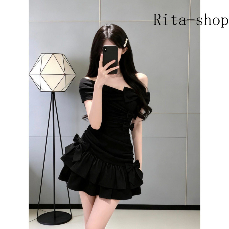 [Pre-Order] Váy Lệch Vai Nơ Phối Bèo Dáng Xòe Ngắn Ôm Eo Thiết Kế Bất Đối Xứng Phong Cách Gợi Cảm Thu Đông Cho Nữ | BigBuy360 - bigbuy360.vn