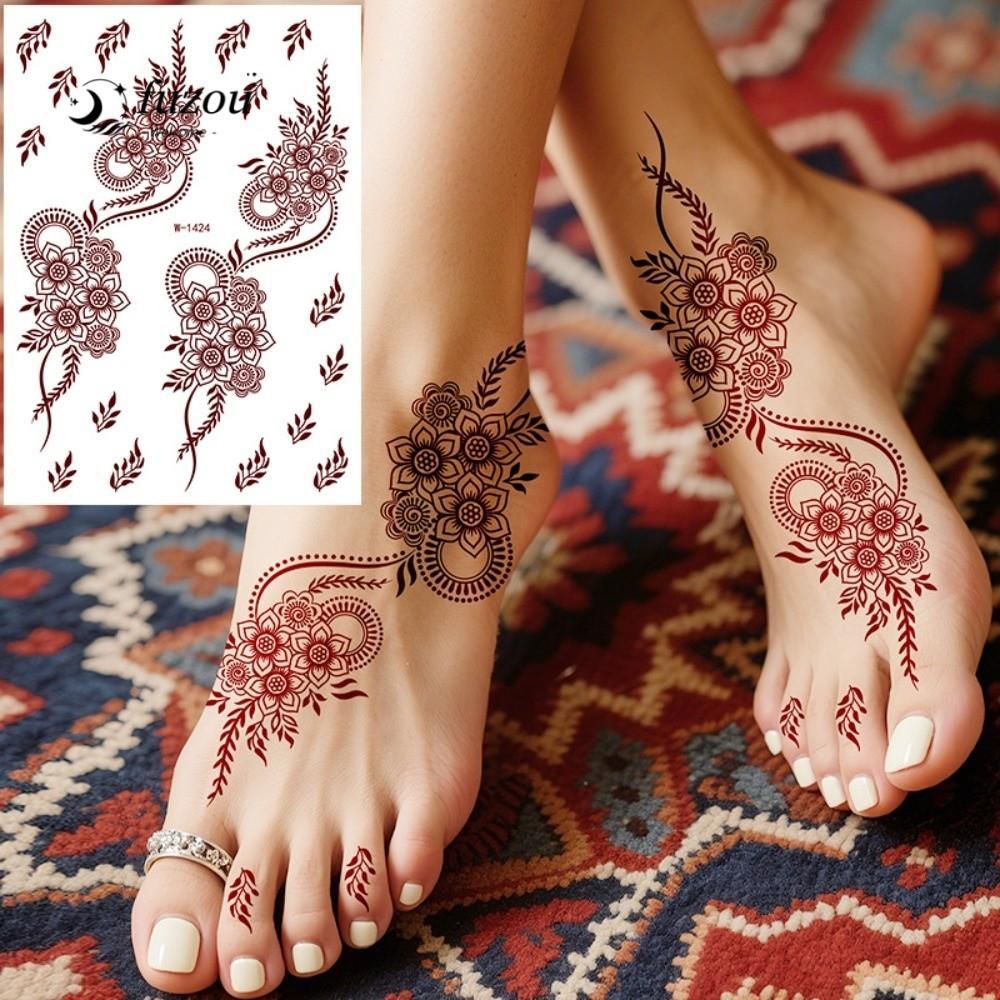FUJIOU Henna Hình Xăm Dán, Đỏ Mehndi Dán Chân Cánh Tay Hình Xăm Tạm Thời, Ren Đỏ Henna Hình Xăm Ren 