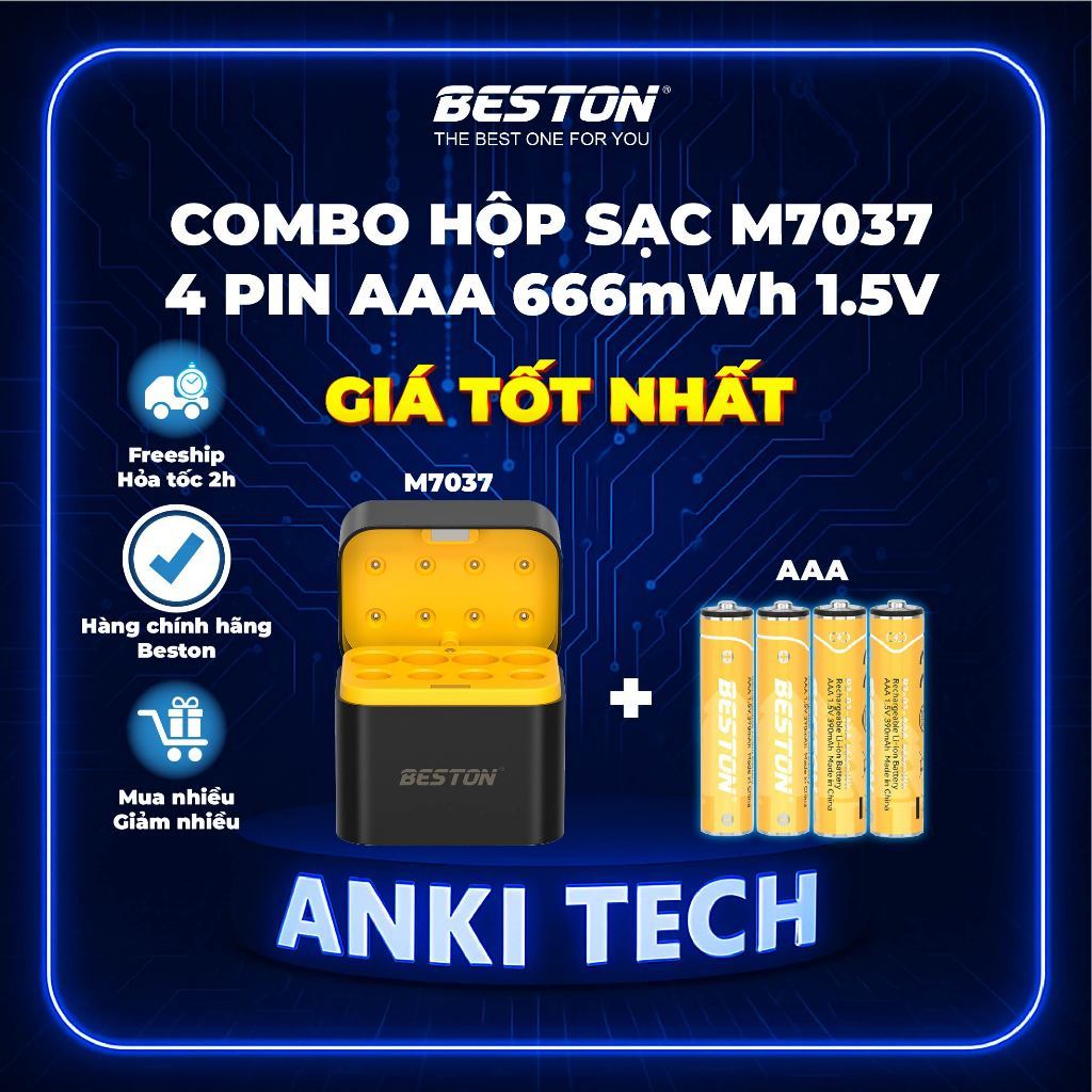 Combo Hộp sạc pin M7037 + 4 pin sạc 1.5V, tự ngắt khi đầy, dùng cho thiết bị điện, điện tử, gia dụng