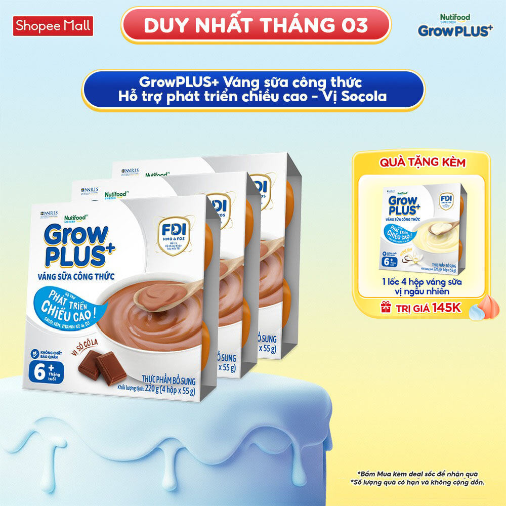 Combo 3 lốc GrowPLUS+ Váng sữa công thức Cao lớn vượt trội Vani & Socola (55g x 12 hộp)