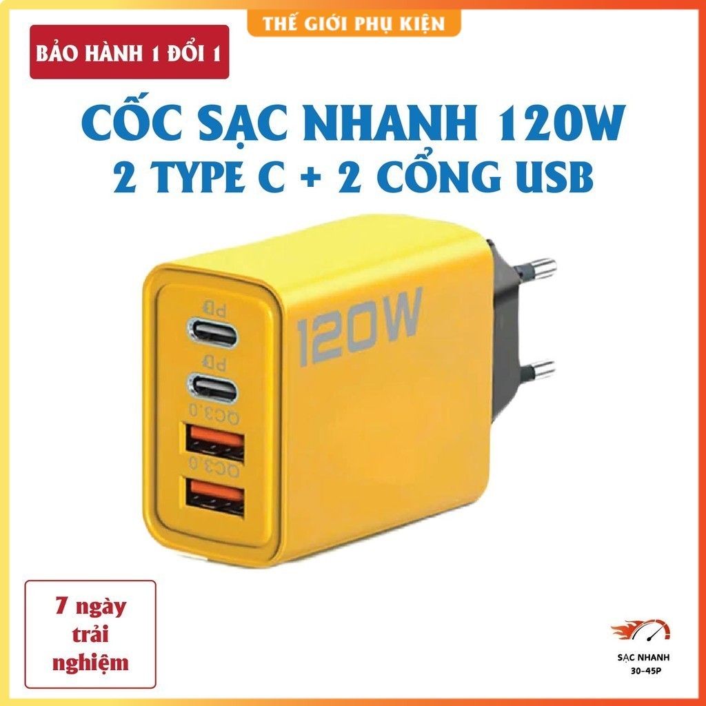 Bộ sạc 120W 4 cổng gồm: 2 cổng Type C + 2 cổng USB – Cốc sạc nhanh 4 đầu, Củ sạc 120W, Củ sạc 120W .