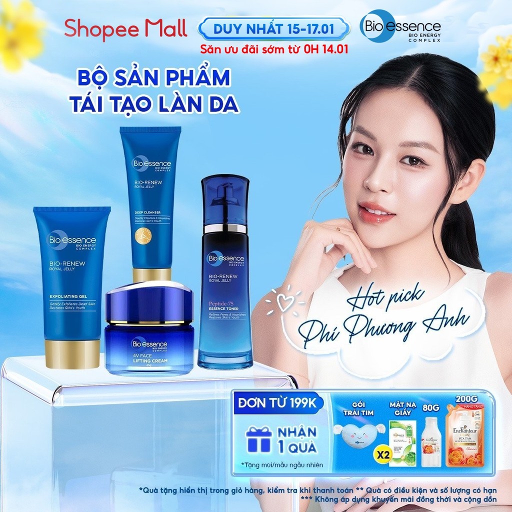 Bộ Bio-essence Renew – Tái tạo da: Gel Tẩy tế bào chết 60g, Kem nâng cơ 45g, Sữa rửa mặt 100g, Toner