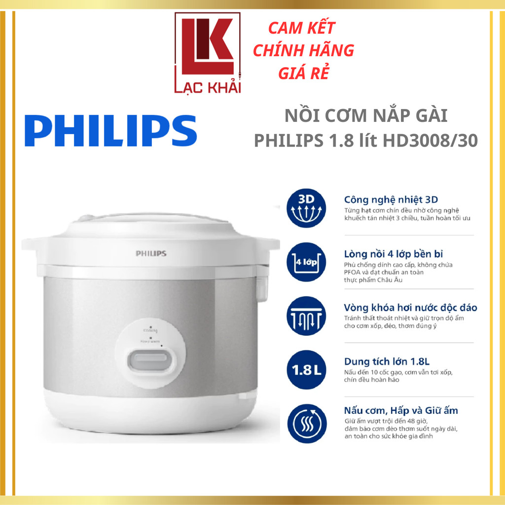 Nồi cơm điện nắp gài Philips 1.8 lít HD3008/30 - Hàng Chính Hãng