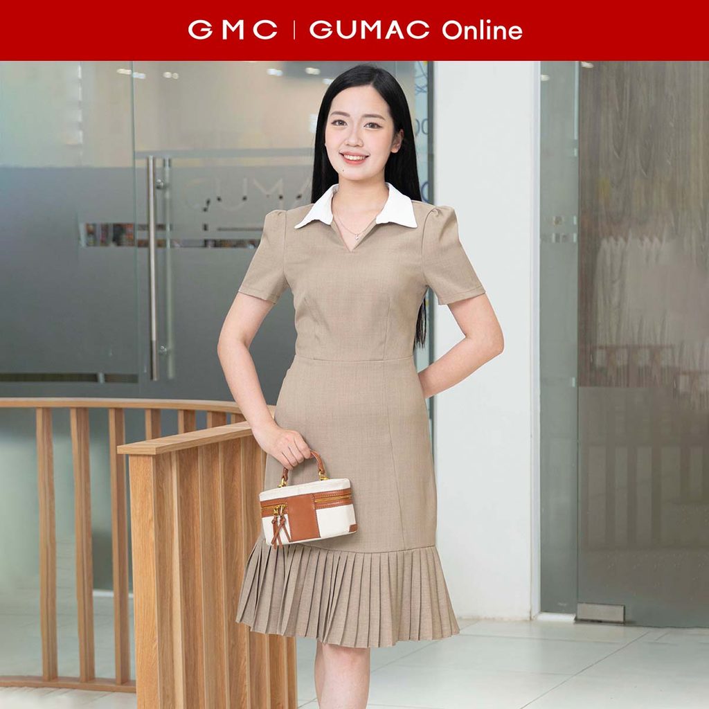 [MUA 2 GIẢM 25K] Đầm nữ form A lá cổ sơ mi phối trắng kiểu dập ly thời trang GUMAC DF10074