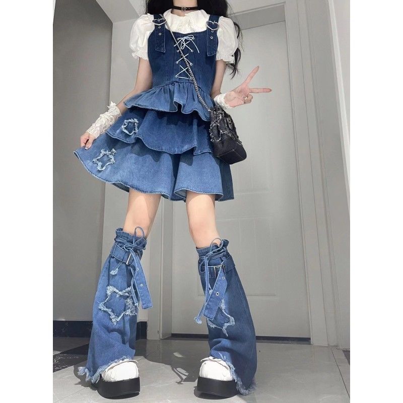 Dây Đeo Denim-Leg Váy và Áo Sơ Mi Handoba Amine, Thoáng Mát, Phong Cách Phương Tây, Thiết Kế Phù Hợp