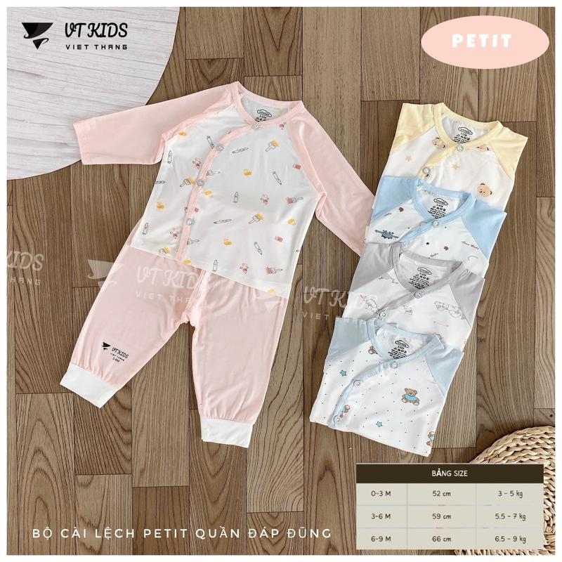 Bộ sơ sinh dài tay Petit thun lạnh  VT KIDS  cúc lệch họa tiết phối màu mềm mại cho bé từ 3-9kg (dài