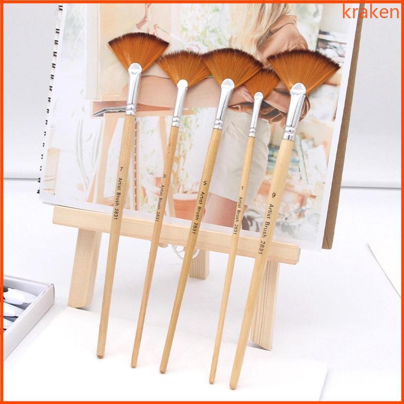 KRA 5 Kích Cỡ Bộ Bàn Chải Tranh Hình Quạt Tay Cầm Dài Cho Tranh Gouche Dầu