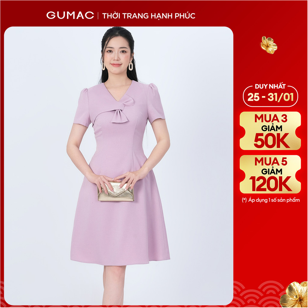 [MUA 3 GIẢM 50K] [NEW] Đầm nữ form A Cổ mở V kiểu phối nơ tay ngắn thời trang GUMAC LDF1106