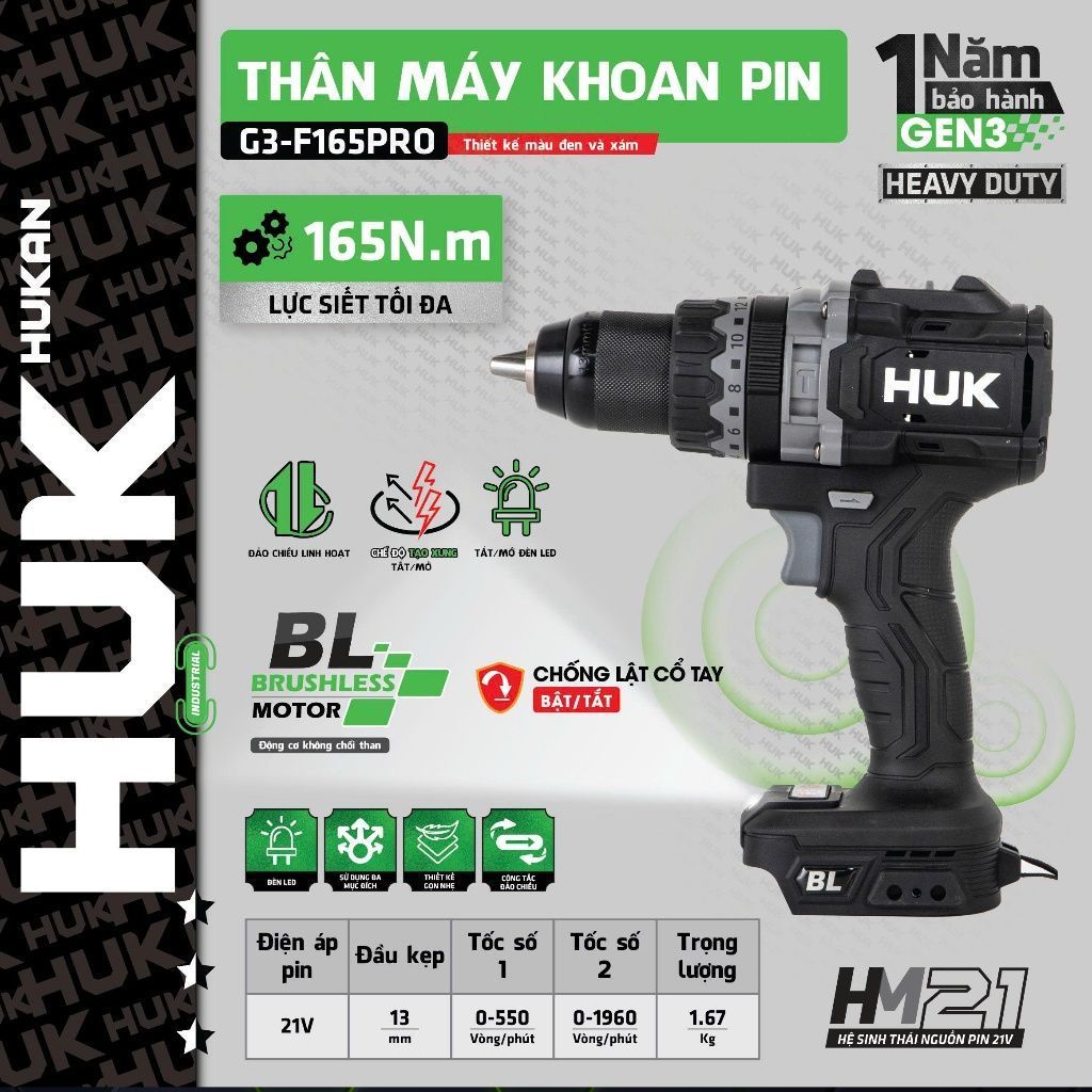 Thân máy khoan pin HUKAN HUK G3-F165PRO, 165Nm, Không chổi than, Chống lật cổ tay, Tạo xung