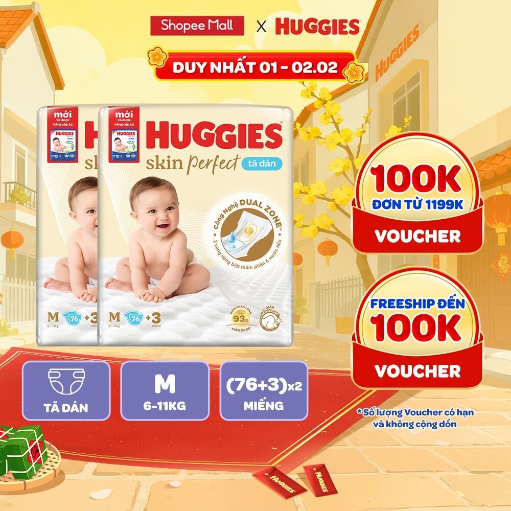 Combo 2 Tã/bỉm dán Huggies Skincare Super Jumbo M76+3/L68/XL60/XXL56