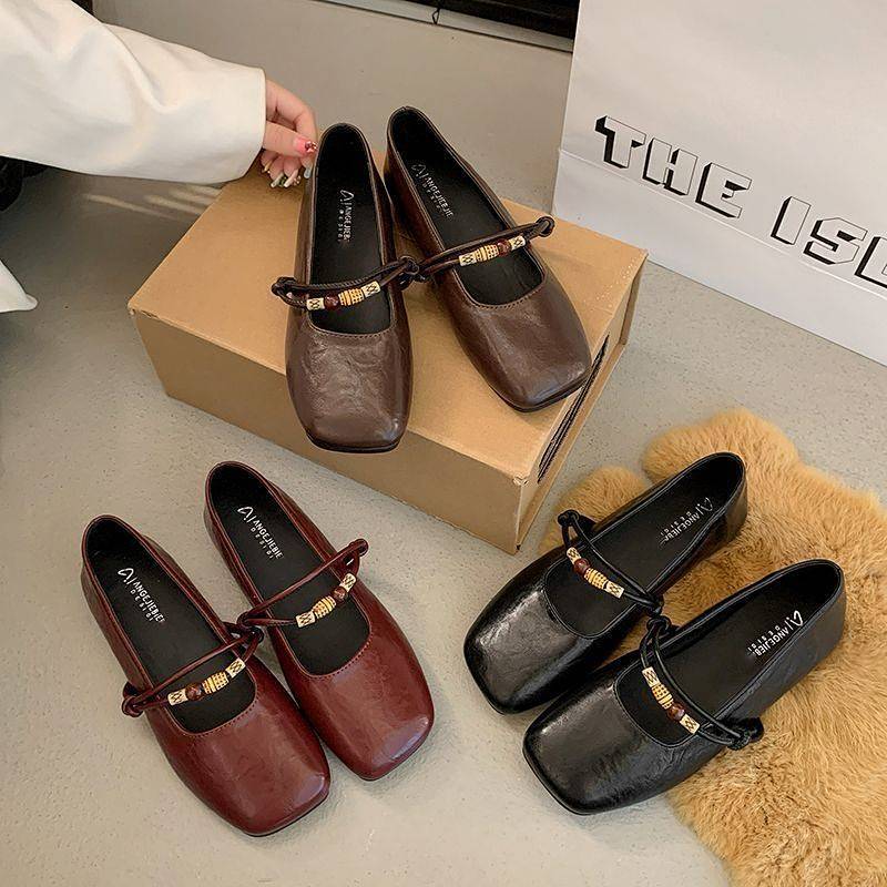 Flat Mary Jane Shoes Autumn French Low-Cut Vintage Soft Bottom Leather Shoes Ballet Shoes llWS