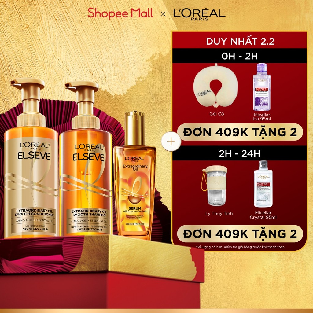 Bộ gội xả dưỡng tóc suôn mượt tóc cao cấp L'Oreal Paris Sleek 440ml x2 & Dầu dưỡng chiết xuất tinh d