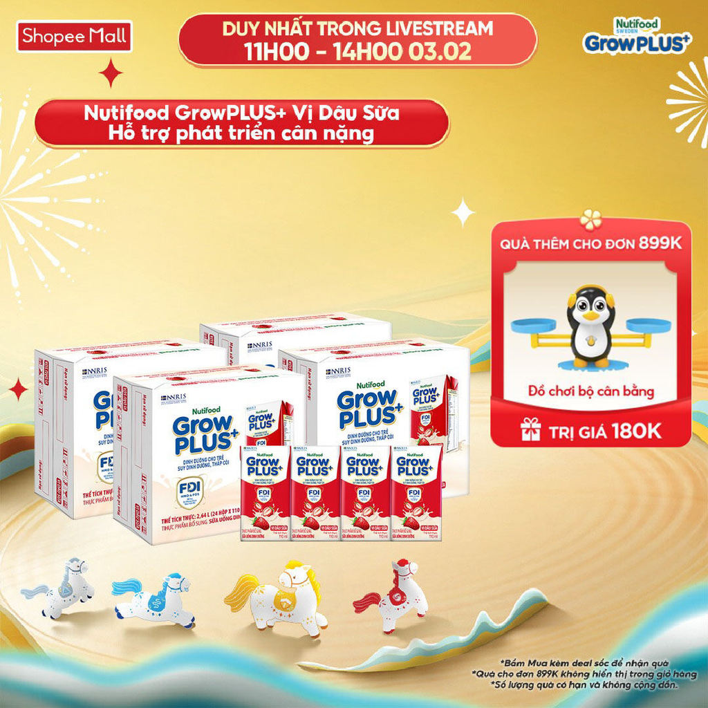 Combo 4 Thùng 24 hộp Sữa bột pha sẵn Nutifood GrowPLUS+ Vị Dâu Sữa hộp 110ml - Trên 1 tuổi