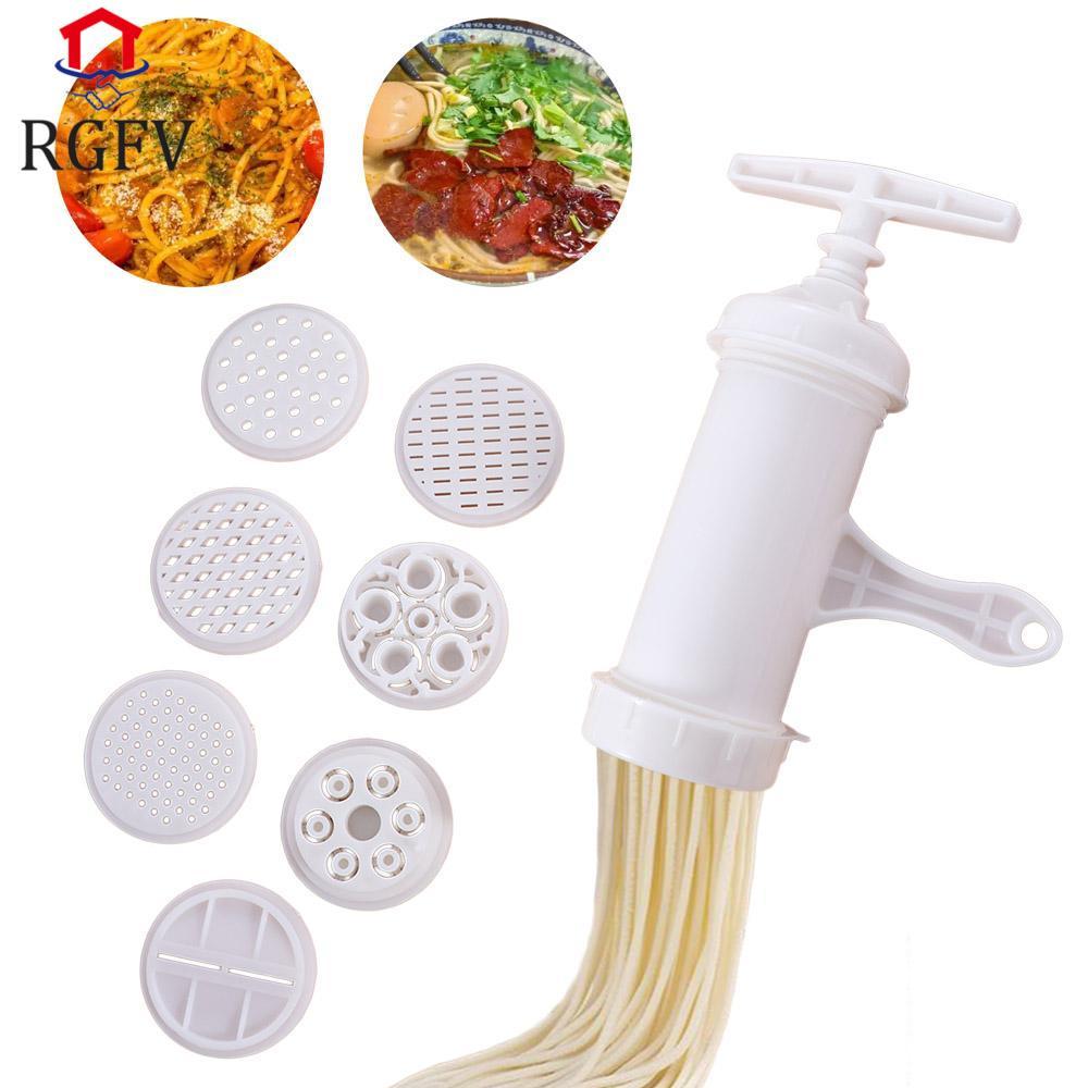 Máy làm mì ống RGFV, Máy ép mì thủ công màu trắng, Hộ gia đình với 7 khuôn in khác nhau Dụng cụ Spaghetti nhựa Nhà hàng