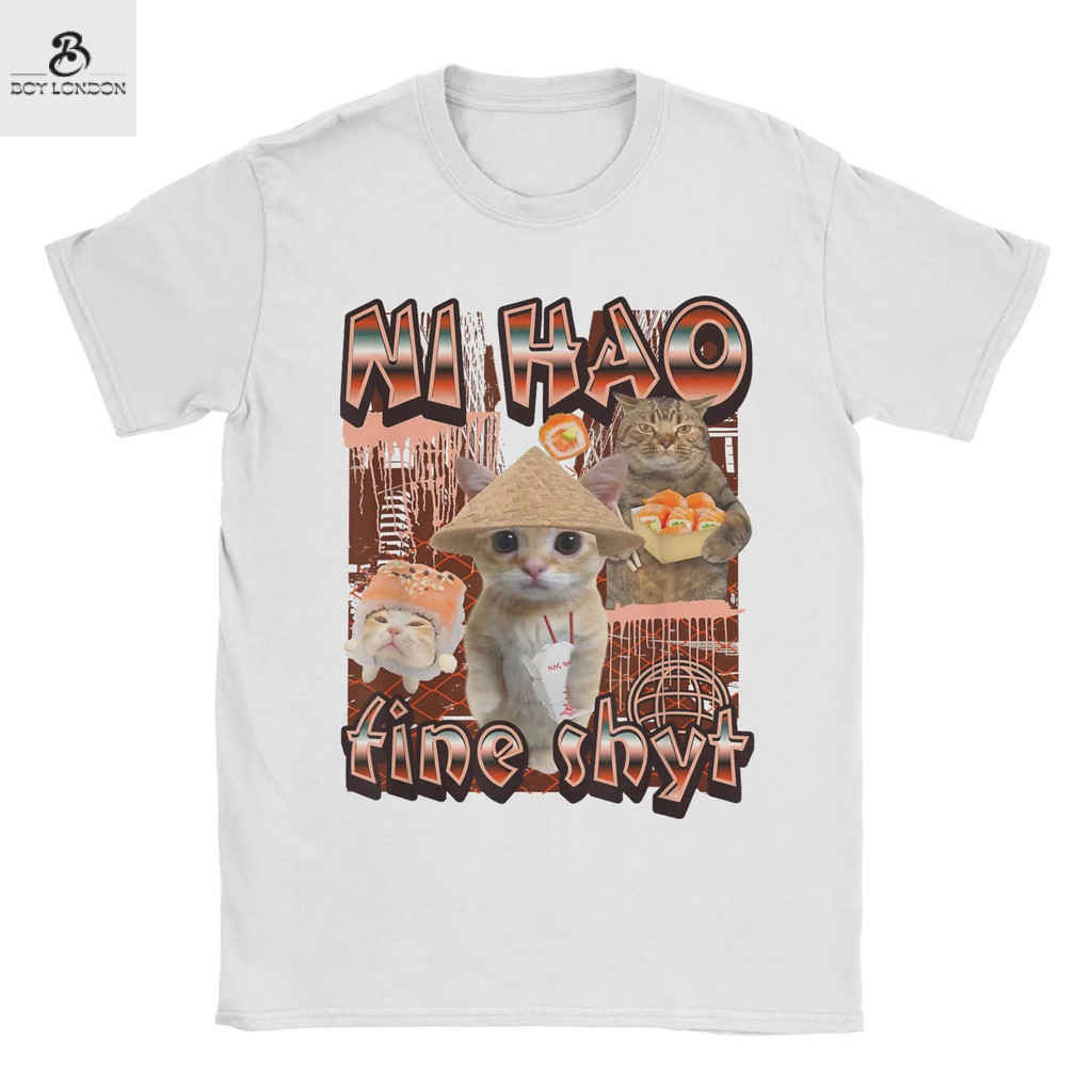 Áo thun nam cổ tròn phong cách thường ngày Ni Hao Fine Shyt cat European and American creative funny