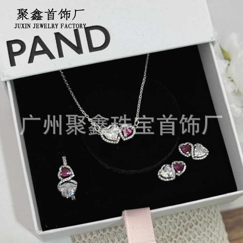 Dora S925Sterling silver necklace with a sparkling heart-shaped ring and earring set Gift for girlfr