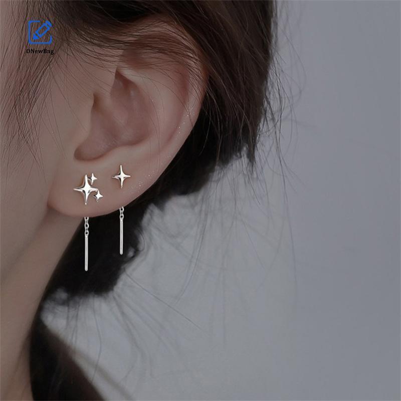ONew Màu Bạc Bất Đối Xứng Ngôi Sao Tòn Ten Bông Tai Nữ Thời Trang Và Thanh Lịch Bốn Mũi Ngôi Sao Bôn