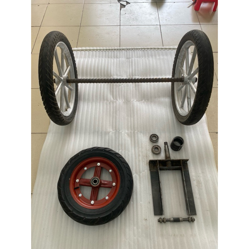 Bộ trục bánh sau vành trắng và bộ càng bánh lái trước chế xe lôi,xe ba gác,trục thép đặc phi 28