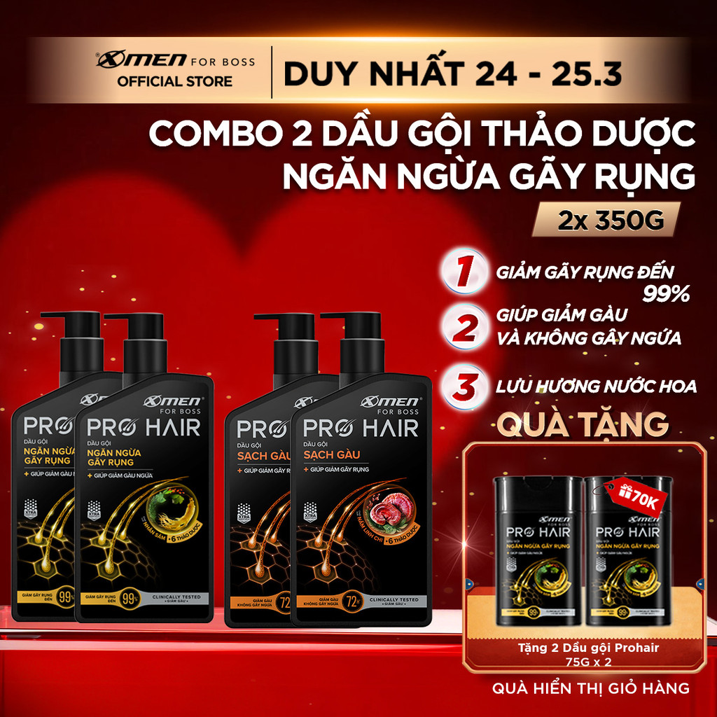Combo 2 Dầu gội Thảo Dược X-Men For Boss Pro Hair 350g/chai Nuôi Dưỡng Da Đầu, Sạch Gàu và Giảm Gãy Rụng