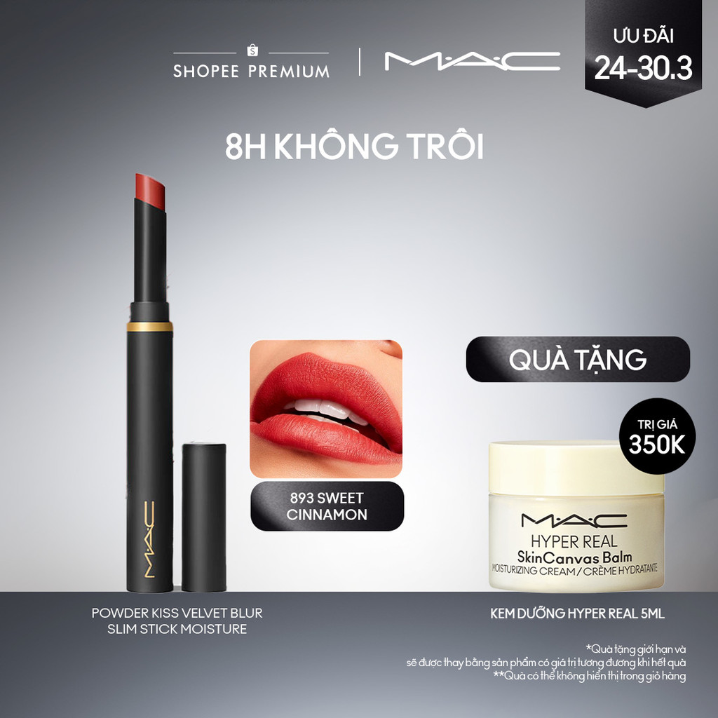 Son thỏi dạng bút MAC Powder Kiss Velvet Blur Slim Stick nhẹ môi, dưỡng ẩm, giữ màu, khóa ẩm sắc nét 12H