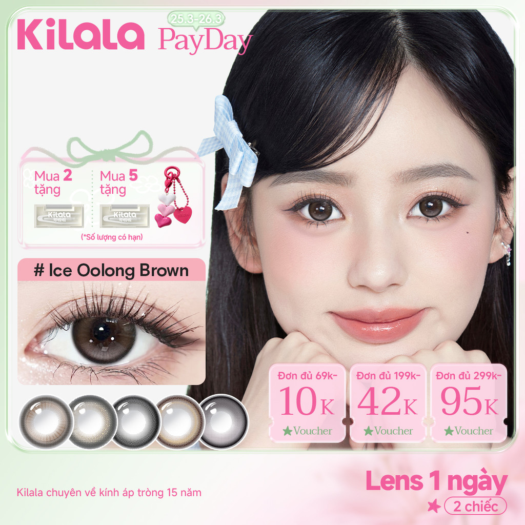 Kính áp tròng Kilala lens 1 ngày màu xám  DIA 14.0mm 14.2mm 14.5mm và màu xám Ice Oolong Brown，Ice Peach Grey，Felinae Grey，Top Heroine Purple lens cận 1 ngày có độ (0-7) 2 chiếc