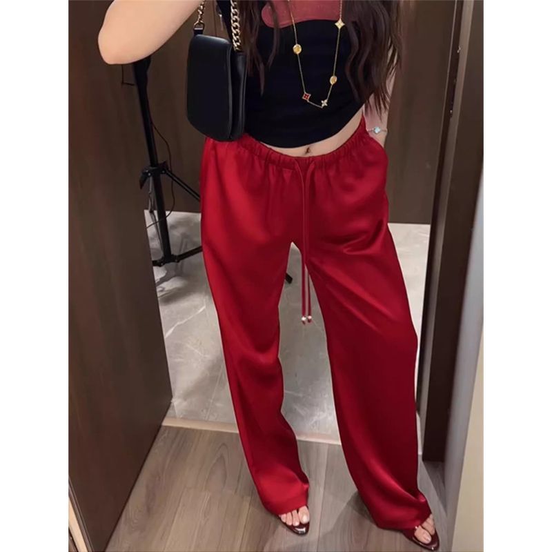 VKER Narrow, thin ice silk women's pants with pleated drape, summer floor-length pants, high-waisted