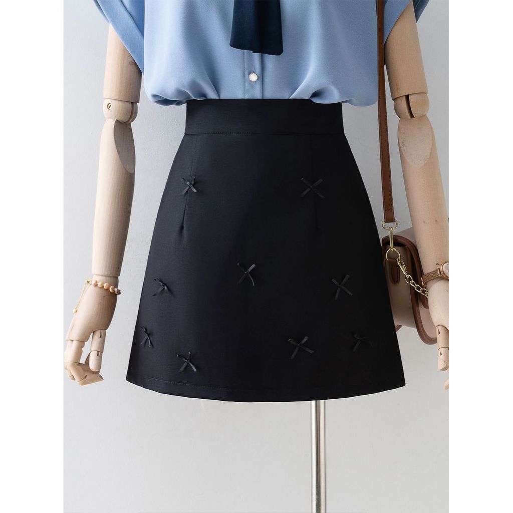 TRD9 New black short skirt with high waist and bow tie, women's autumn and winter pencil skirt