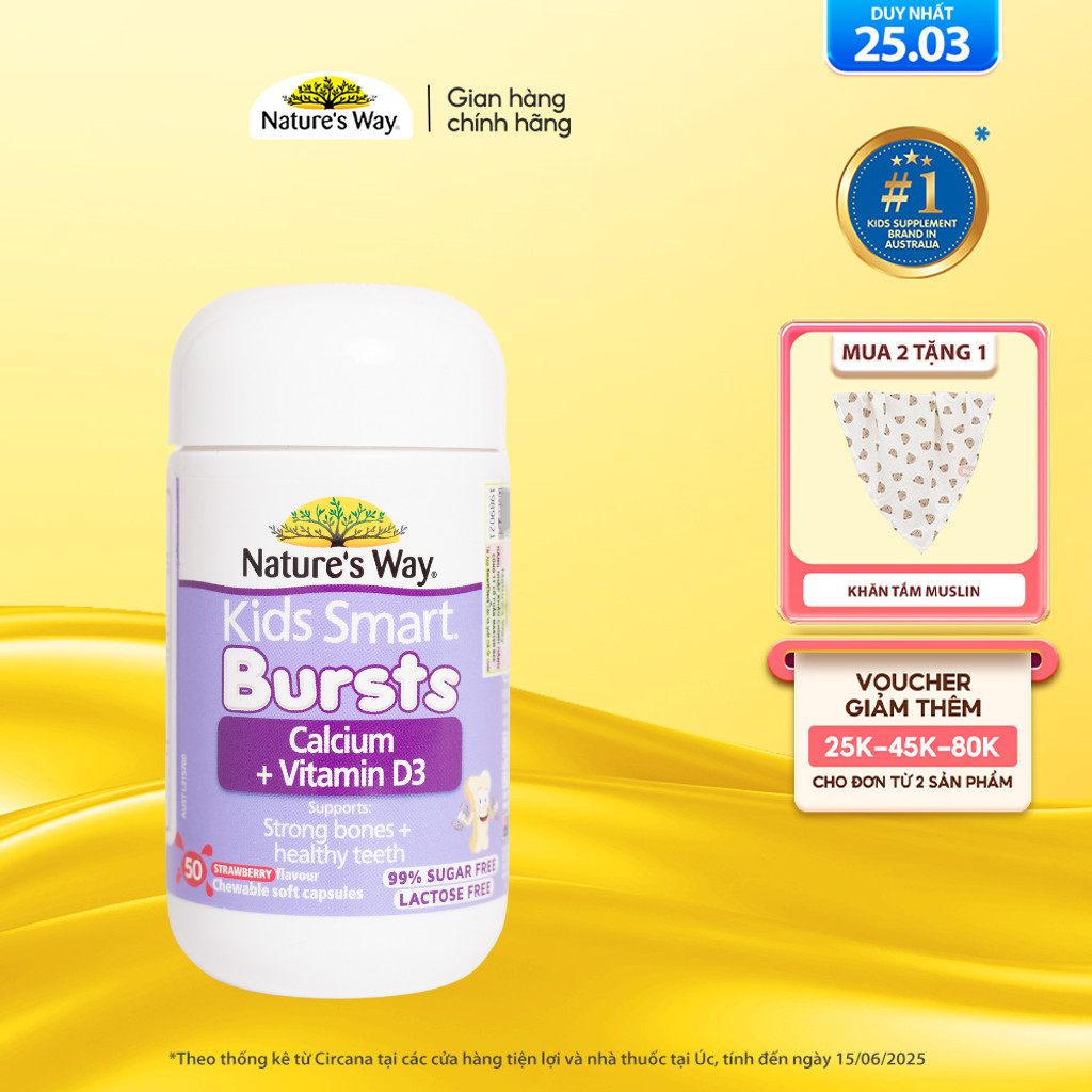 Viên Nhai Canxi Sữa Cho Bé Nature’s Way Kids Smart Calcium + Vitamin D3 Burstlets, Hỗ Trợ Xương Và Răng Chắc Khỏe 50v/h