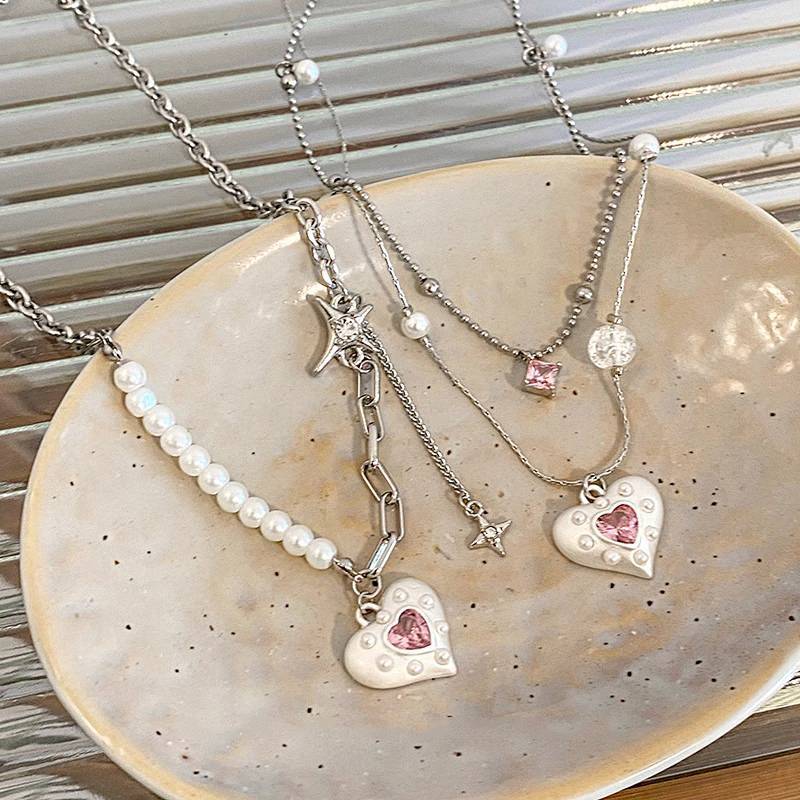 Double Layer Twin Pink Love Necklace Niche Design Sweet Cool Clavicle Chain High Sense Necklace qaOz