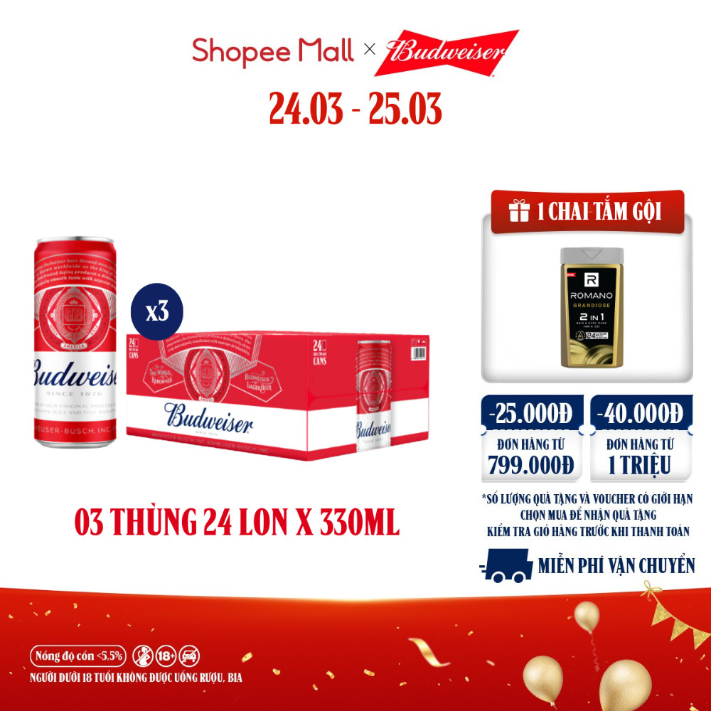 Nồng Độ Cồn 5.0% - Combo 3 Thùng 24 Lon Bia Budweiser Sleek Can Chính Hãng (330ml/ lon)