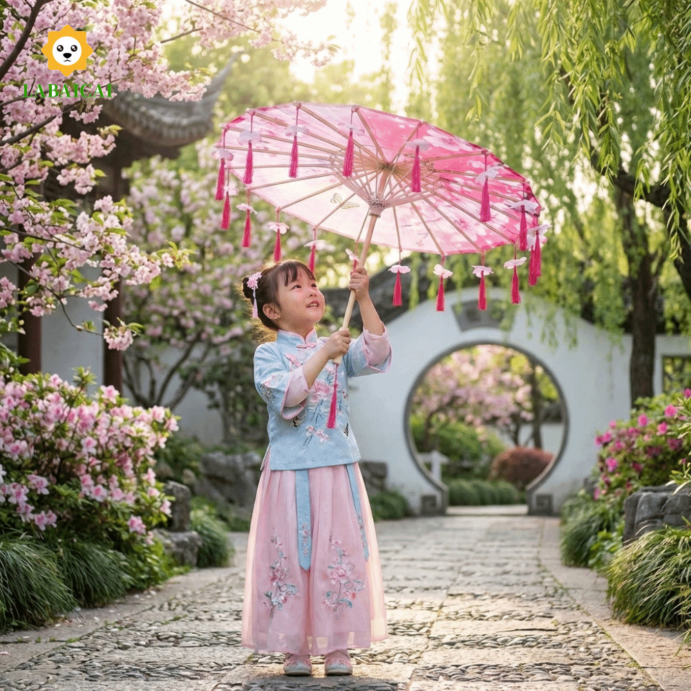 LABAICAI Ô Tua Rua Vải LABAICAI, Ô Cổ Trung Quốc Chống Mưa Phong Cách Trung Quốc, Cầm Tay Cổ 56cm Tr
