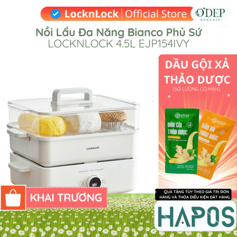 Nồi lẩu đa năng 4.5L Bianco phủ sứ LocknLock, Hàng chính hãng, chống dính, tay cầm cách nhiệt EJP154