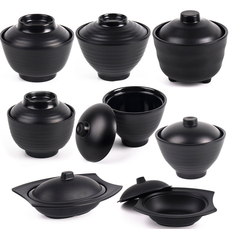 [Melamine] In miễn phí LOGO MIGO Bát súp nhỏ có ren có nắp Nhật Bản sáng tạo Hàn Quốc Melamine đen g